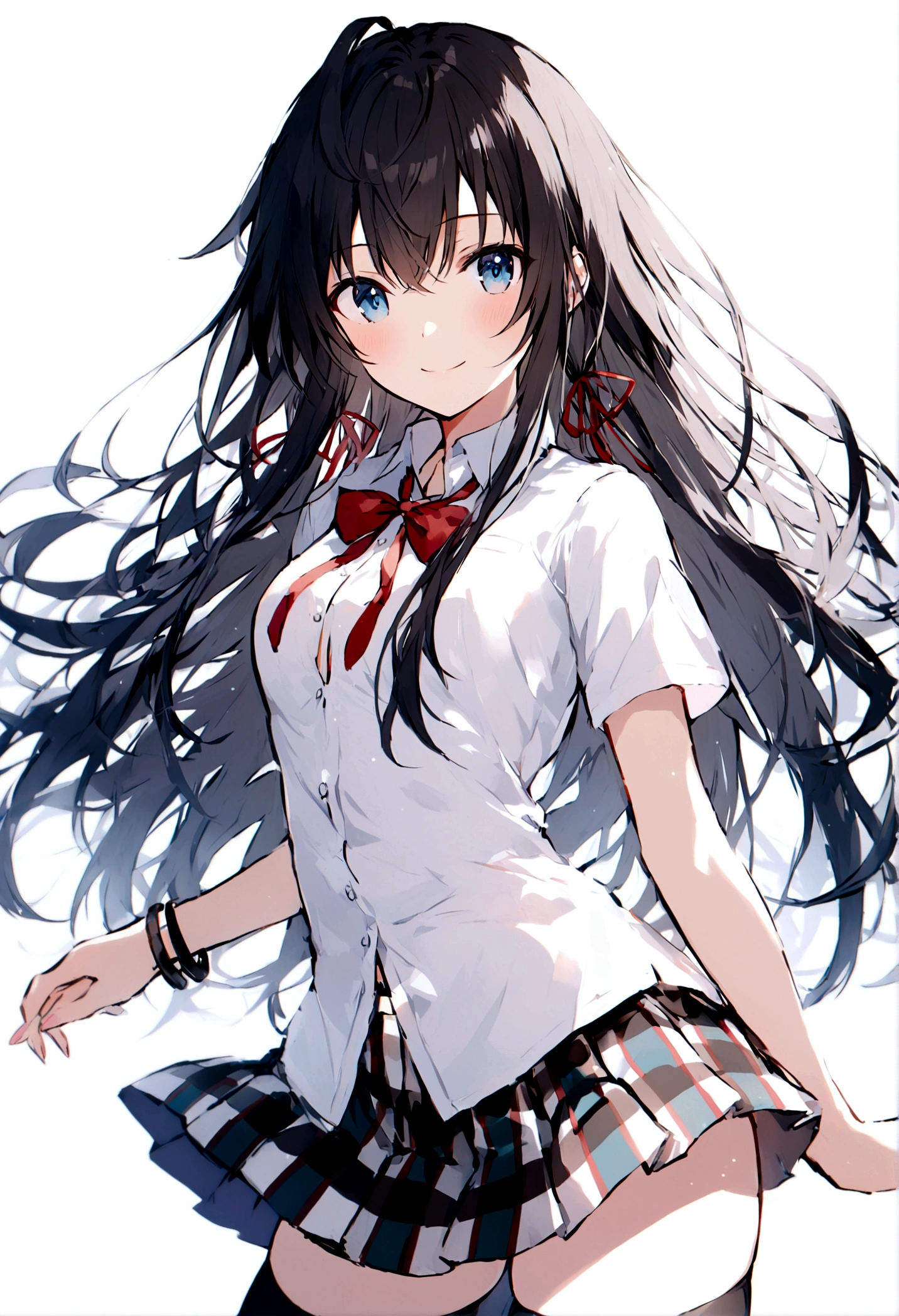 yukinoshita_yukino, 1girl, solo, sobu_high_school_uniform, skirt, long_hair, black_hair, thighhighs, shirt, school_uniform, white_background, white_shirt, simple_background, black_thighhighs, plaid, plaid_skirt, zettai_ryouiki, ribbon, looking_at_viewer, pleated_skirt, blue_eyes, smile, collared_shirt, short_sleeves, bangs, neck_ribbon, cowboy_shot, red_ribbon, dress_shirt, bow, closed_mouth, hair_between_eyes, breasts, miniskirt, bowtie, bracelet, red_bow