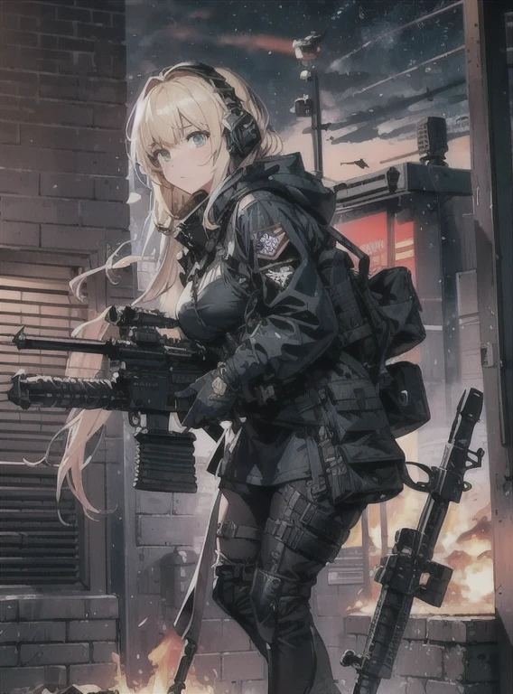 {{Masterpiece, top quality, highly detailed CG, 16K, movie lighting, lens flares}}, one girl of a special forces operative, (aiming a huge rifle), (wide view), thick body, Photorealistic: 1.4, long blonde hair, green eyes, aiming, ((Boarding gate of combat helicopter: 1.6)), SWAT, night footage, the sky clouded by plumes, plumes rising from flames, from above, aiming, rifle aiming, lock-on, rifle knee shooting, full body shot