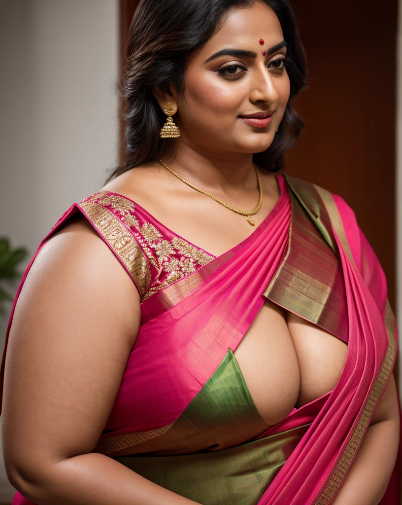 Foto RAW, photorealistic, photography, full body shot, master shot, goddess like beauty, perfect thick chubby mallu Desi aunty bhabhi, Wearing a Stanapatta, a chest-band.Saree model, model Photography, Indian saree shoot, Indian traditional wear advertising photography, traditional wear brand shoot, face of Indian actress Sonakshi Sinha, masterpiece, realistic, realism, incredible details,  pleasure, photorealism, detailed skin, skin pores, high contrast, photorealistic Artstation 8k HD digital art trend of high definition and detailed realistic skin texture, ultra detail, realistic skin texture, armature, best quality, ultra high definition, (photorealistic:1.4),, high resolution, detail, raw photo, Re sharp, by Lee Jefferies Nikon D850 Film Stock Photo 4 Kodak Portra 400 Camera F1.6 Lens Rich Color Ultra Real Realistic Realistic Textures Dramatic Lighting Unreal Engine Trending at Art Station Cinestill 800,(pele altamente detalhada: 1.2), 8k UHD, DSLR, soft-lighting, alta qualidade, grain of film, Fujifilm XT3,she didn't like to wear blouse or bra, she  happy to wear only saree, she hates blouse or bra,