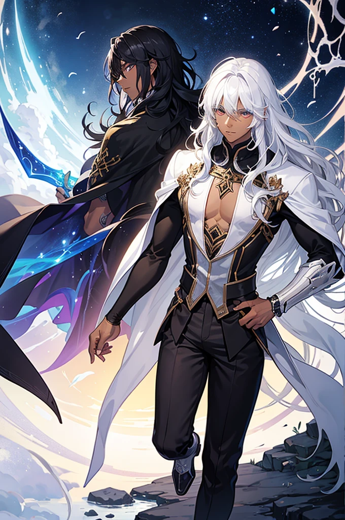 Fantasy light novel cover featuring a dark skinned male mage with black, curly hair and a white haired male demigod with dark eyes