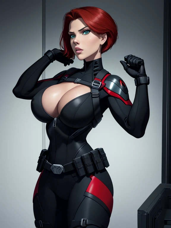 Scarlett Johansson as Black Widow, ((Masterpiece)); ((Natural Beauty)); ((Ultrarealistic green eyes)); both eyes are similar; ((Ultrarealistic fair white skin)); ((Ultrarealistic round boobs)); Deep Cleavage; nipples poking; ((Ultrarealistic red short classic bob haircut hairstyle)); ((Ultrarealistic round Asscheeks)); ((Ultrarealistic widow bite black gloves)); ((Ultrarealistic black widow utility belt)); black and red tactical vest; Bright Red stripe accents on the side of the suit; Short sleeve; looking at the viewer; Hands Behind Back: Black Widow stands with her feet shoulder-width apart, hands clasped behind her back. The tight tactical suit accentuates the muscles in her back and arms. Her short hair is styled neatly, and she stands in a relaxed yet ready posture.
