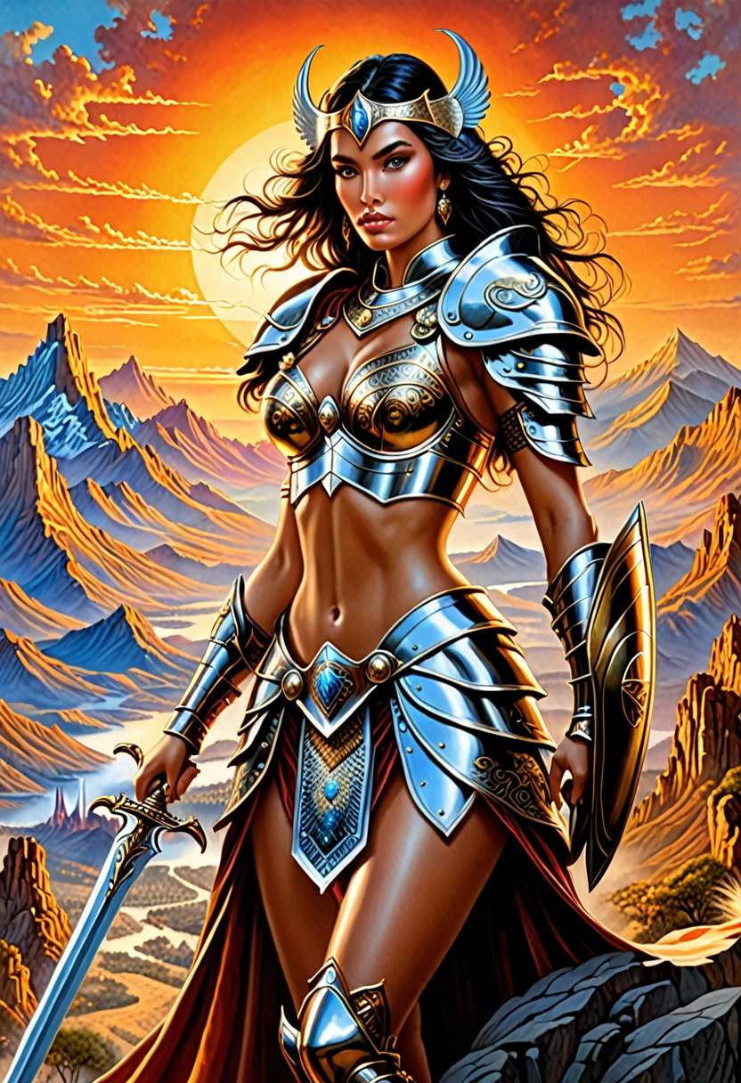 A stunning and highly detailed masterpiece in the style of renowned artist Boris Vallejo, featuring a powerful and alluring warrior woman. She is clad in armor, adorned with intricate designs and glowing elements, wielding a sword and shield. The background is an awe-inspiring, vast landscape with towering mountains, a distant city, and a breathtaking sunset. The artwork is richly textured, with deep shadows and highlights that give it a three-dimensional effect. The level of detail and depth in this illustration is truly mesmerizing, showcasing the artist's exceptional skill and talent., illustration, painting