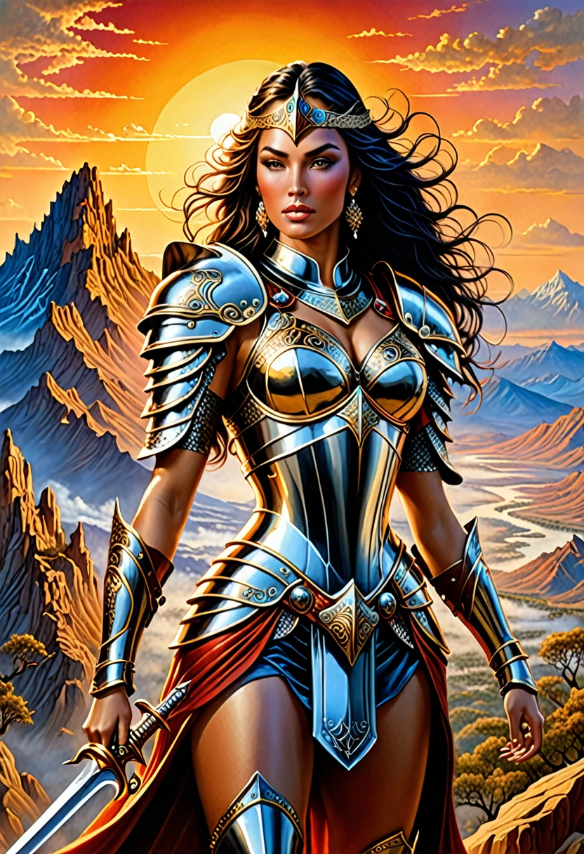 A stunning and highly detailed masterpiece in the style of renowned artist Boris Vallejo, featuring a powerful and alluring warrior woman. She is clad in armor, adorned with intricate designs and glowing elements, wielding a sword and shield. The background is an awe-inspiring, vast landscape with towering mountains, a distant city, and a breathtaking sunset. The artwork is richly textured, with deep shadows and highlights that give it a three-dimensional effect. The level of detail and depth in this illustration is truly mesmerizing, showcasing the artist's exceptional skill and talent., illustration, painting