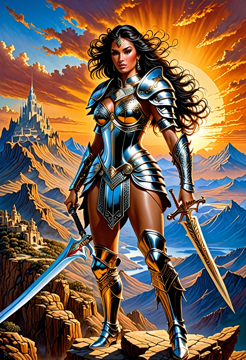 A stunning and highly detailed masterpiece in the style of renowned artist Boris Vallejo, featuring a powerful and alluring warrior woman. She is clad in armor, adorned with intricate designs and glowing elements, wielding a sword and shield. The background is an awe-inspiring, vast landscape with towering mountains, a distant city, and a breathtaking sunset. The artwork is richly textured, with deep shadows and highlights that give it a three-dimensional effect. The level of detail and depth in this illustration is truly mesmerizing, showcasing the artist's exceptional skill and talent., illustration, painting