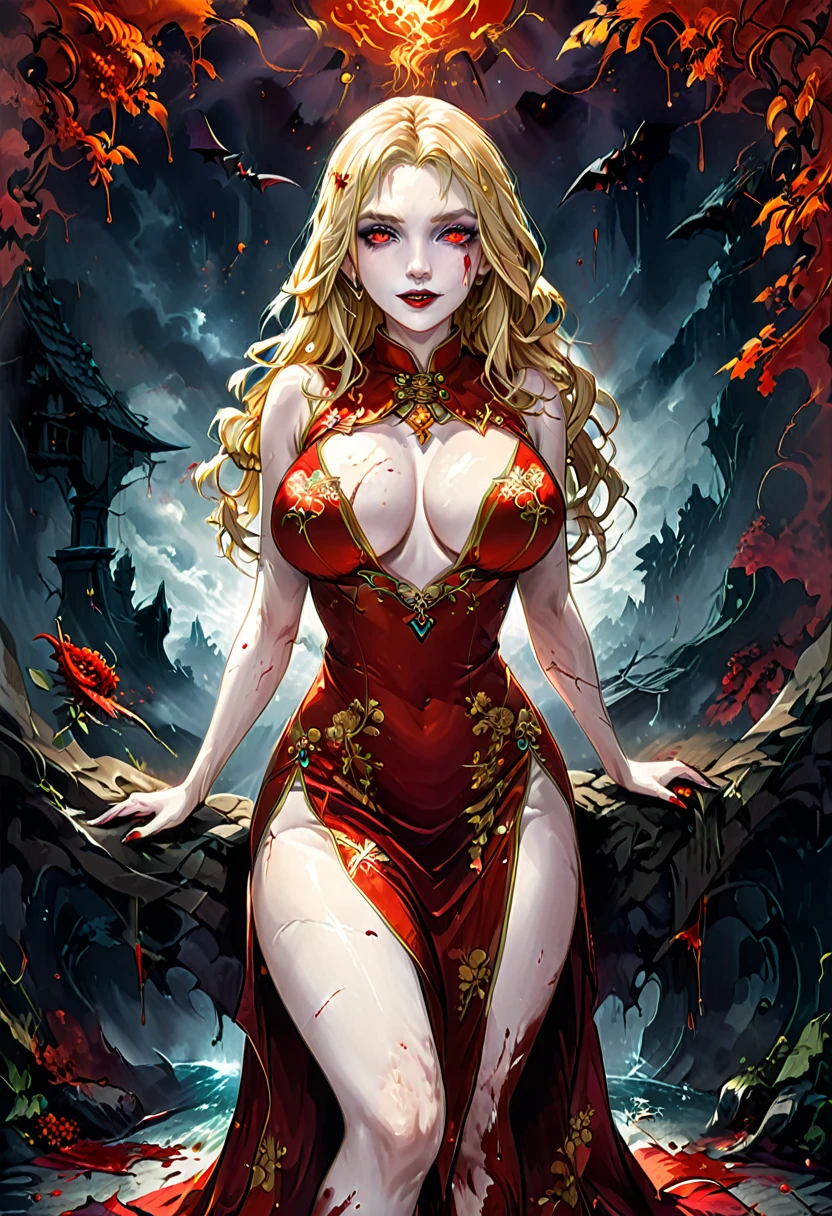 a beautiful female vampire wearing a ((blood stained: 1.5) white Cheongsam: 1.5), an extremely beautiful female vampire, ultra detailed face, blond hair, long hair, wavy hair, dark glamour make up, pale skin, red lips, (glowing red eyes: 1.2), visible (vampiric fangs: 1.2), she wears a ((blood stained white Cheongsam: 1.5)), elegant, intricate detailed Cheongsam, silk Cheongsam, small cleavage, ((Cheongsam is decorated with gems: 1.3)), she wears elegant knee high heeled boots, exquisite knee high heeled boots, there are stains of blood on the upper part of the dress, dynamic background, best details, best quality, highres, ultra wide angle, 16k, [ultra detailed], masterpiece, best quality, (extremely detailed), full body, ultra wide shot, photorealistic, fantasy art, dnd art, rpg art, realistic art, dark novel, Dark Art Painting Style