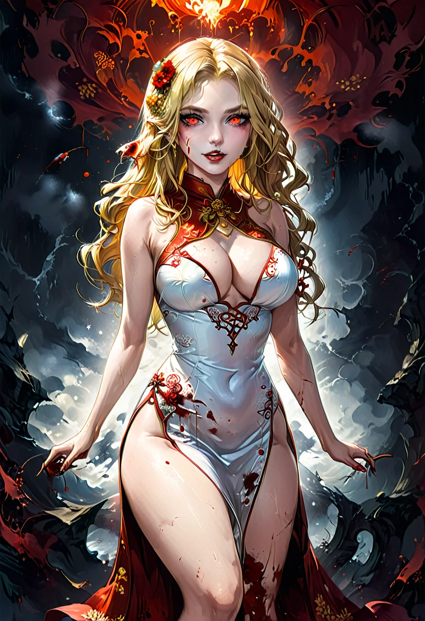 a beautiful female vampire wearing a ((blood stained: 1.5) white Cheongsam: 1.5), an extremely beautiful female vampire, ultra detailed face, blond hair, long hair, wavy hair, dark glamour make up, pale skin, red lips, (glowing red eyes: 1.2), visible (vampiric fangs: 1.2), she wears a ((blood stained white Cheongsam: 1.5)), elegant, intricate detailed Cheongsam, silk Cheongsam, small cleavage, ((Cheongsam is decorated with gems: 1.3)), she wears elegant knee high heeled boots, exquisite knee high heeled boots, there are stains of blood on the upper part of the dress, dynamic background, best details, best quality, highres, ultra wide angle, 16k, [ultra detailed], masterpiece, best quality, (extremely detailed), full body, ultra wide shot, photorealistic, fantasy art, dnd art, rpg art, realistic art, dark novel, Dark Art Painting Style