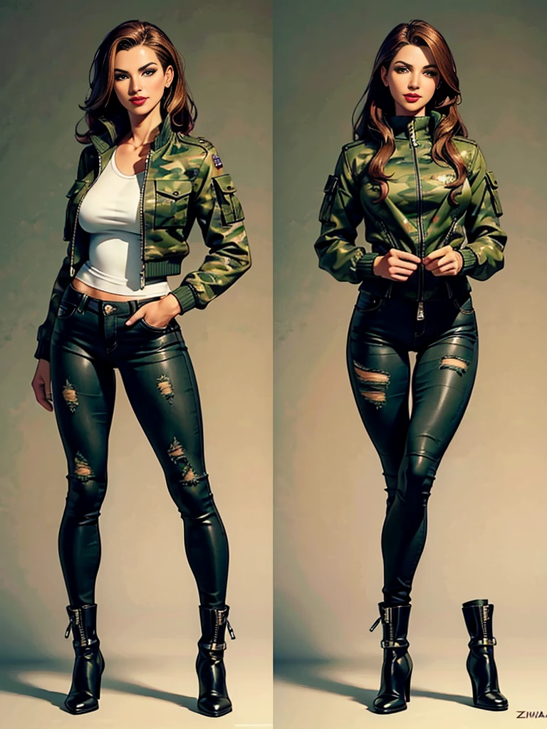 ((best quality)), ((4k)), ((highres)), ((masterpiece:1.2)). ((detailed)), ((ultra realistic)), ((intricate details)), ((full body picture)), ((character design sheet)), ((blank background)), ((standing in a blank background)), a full body shot of a beautiful latina female, colombian woman, colombian beauty, ((emphasis on her complexion)), ((LONG brown hair)), long brown hair, luscious long brown hair, perfect face, gorgeous face, ((vivid hazel eyes)) detailed eyes, detailed lips, ((luscious red lips)), ((CONFIDENT SMILE)), about 6'0 tall, about 25 years old, athletic body, muscular frame, muscular and feminine, ((buff woman)), MUSCULAR LEGS, ((MUSCULAR LEGS)), ((MUSCLE MOMMY LEGS)), ACTION WOMAN, she's dressed in a ZIPPED military green jacket camouflage print, ((ZIPPED military green jacket camouflage print)), ZIP UP JACKET, JACKET COVERING HER ENTIRE TORSO, black TIGHT jeans, ((black TIGHT jeans)), BLACK TIGHT JEANS!!!, MILITARY black boots ((MILITARY black boots))