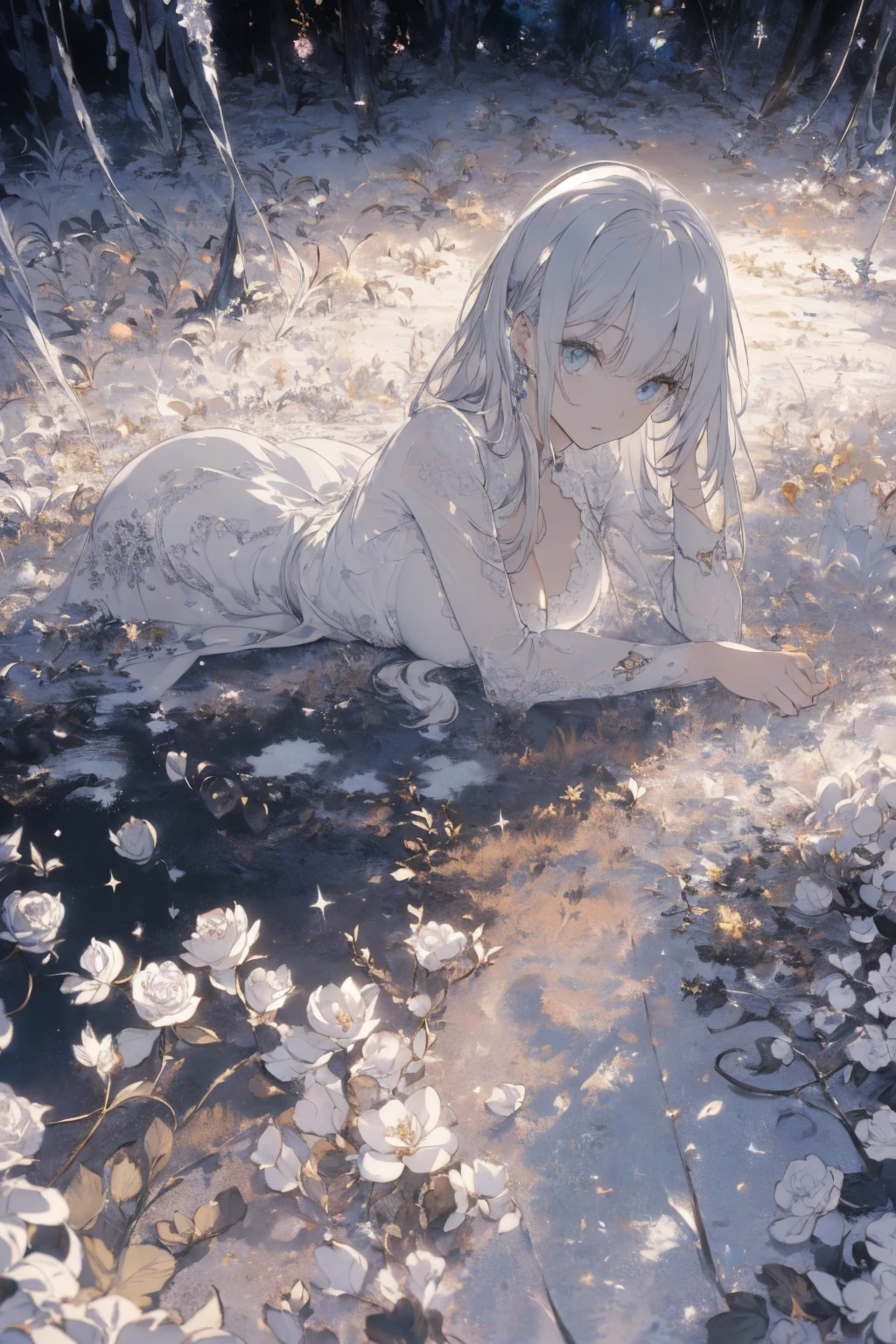(Landscape photo, with a woman in the bottom right of photo:1.5, in white garden:1.5), Masterpiece, best quality, (very detailed CG unity 8k wallpaper), (best quality), High definition RAW color art, Animation,sculptures, (black Marble Skin), (((Ultra detailed elegant))), Magical atmosphere, Detailed skin, Texture,(Intricately detailed, Fine detail, ultra-detail art), depth of fields, Bokeh, Silky Touch, Hyper Detail, beautiful eyes, elegant face, (lying on floor), sparkle background, enormous breast:1.3, lingerie, (silver hair), pure white, Armpit, muscle, embarrassing face