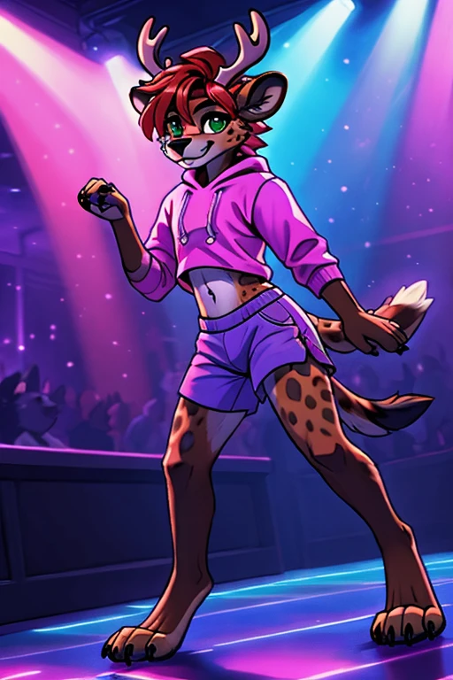 highres, High-quality illustrations, unparalleled masterpiece(movie of life)(furry anthro:1.7)absurd resolution (highly detailed beautiful face and eyes)perfect anatomy, expression, caustics, dynamic angle, top quality, soft color, Vintage images, highres, High-quality illustrations, unparalleled masterpiece, (furry anthro:1.7)absurdres(highly detailed beautiful face and eyes)perfect anatomy, expression, caustics, no lighting deep shadow, masterpiece, high quality, hi res, solo, male, teen Furry, furry, teenager, spotted hyena and deer mix, deer antlers, white fawn spots, dark hyena spots, full hyena face, bright red mullet hairstyle, one red eye and one green eye, masterpiece, No muscles, Detailed hands, detailed face, detailed eyes, detailed body, Flat body, Skinny, androgynous, femboy, femboy jock, claws, high resolution, blue white and pink outfit, short shorts, cropped sweatshirt, nightclub background, blue pink and purple lighting, standing, dancing, smug, bedroom eyes, 3/4 view, full body expertly drawn hands, paws,