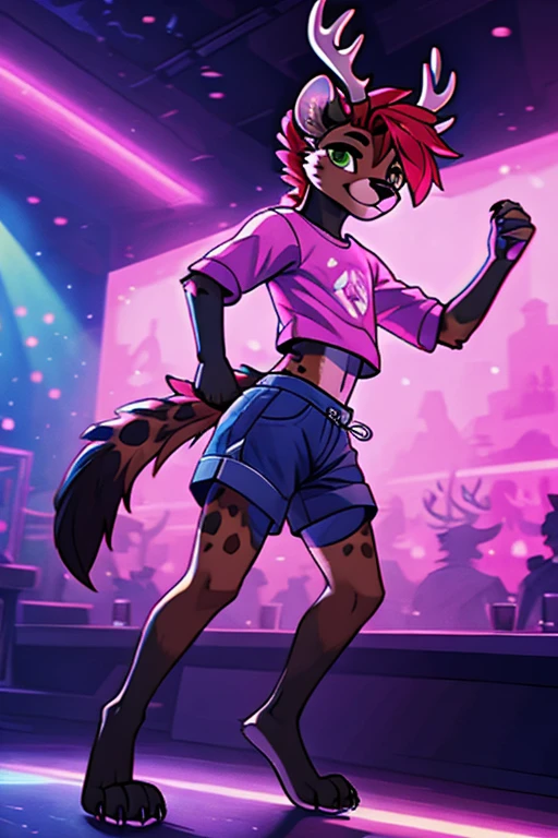 highres, High-quality illustrations, unparalleled masterpiece(movie of life)(furry anthro:1.7)absurd resolution (highly detailed beautiful face and eyes)perfect anatomy, expression, caustics, dynamic angle, top quality, soft color, Vintage images, highres, High-quality illustrations, unparalleled masterpiece, (furry anthro:1.7)absurdres(highly detailed beautiful face and eyes)perfect anatomy, expression, caustics, no lighting deep shadow, masterpiece, high quality, hi res, solo, male, Furry, furry, teen, spotted hyena and deer mix, deer antlers, white fawn spots, dark hyena spots, full hyena face, bright red mullet hairstyle, one red eye and one green eye, masterpiece, No muscles, Detailed hands, detailed face, detailed eyes, detailed body, Flat body, Skinny, androgynous, femboy, femboy jock, claws, high resolution, blue white and pink outfit, short shorts, cropped sweatshirt, nightclub background, blue pink and purple lighting, standing, dancing, smug, bedroom eyes, 3/4 view, full body expertly drawn hands, paws,