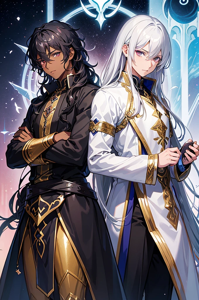 Fantasy light novel cover featuring a dark skinned male mage with black, curly hair and a white haired male demigod with dark eyes