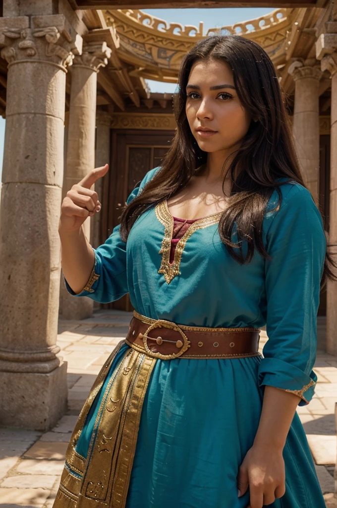 Crie uma foto realista, perfect cinematography, detalhada em 8k, a medieval Persian woman in a hall with an army serving her.
