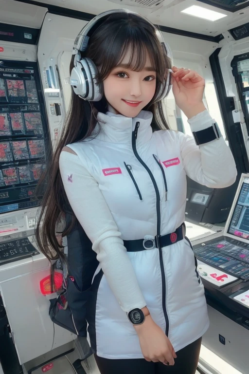 masterpiece, Highest quality, Very detailed, 8K Portrait,Japanese Android Girl,plump , Control panel,Robotic arms and legs, Blunt bangs,,break (Metallic Gray, Metallic luster, Mirror finish, Astro Best):5,headphone:5,break (Black sleeves):100,Smart Watches,Futuristic space station,Control Room,break headphone,blue eyes,(Black Hair):2,(Long Hair):1.3,Displaying the viewer,(respirator),break blush:3,Hidden Hand,smile