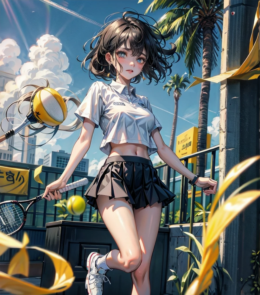 full body, delicate facial features, medium tits, medium hair, black hair, tearful mole, earring, tennis uniform, midriff,