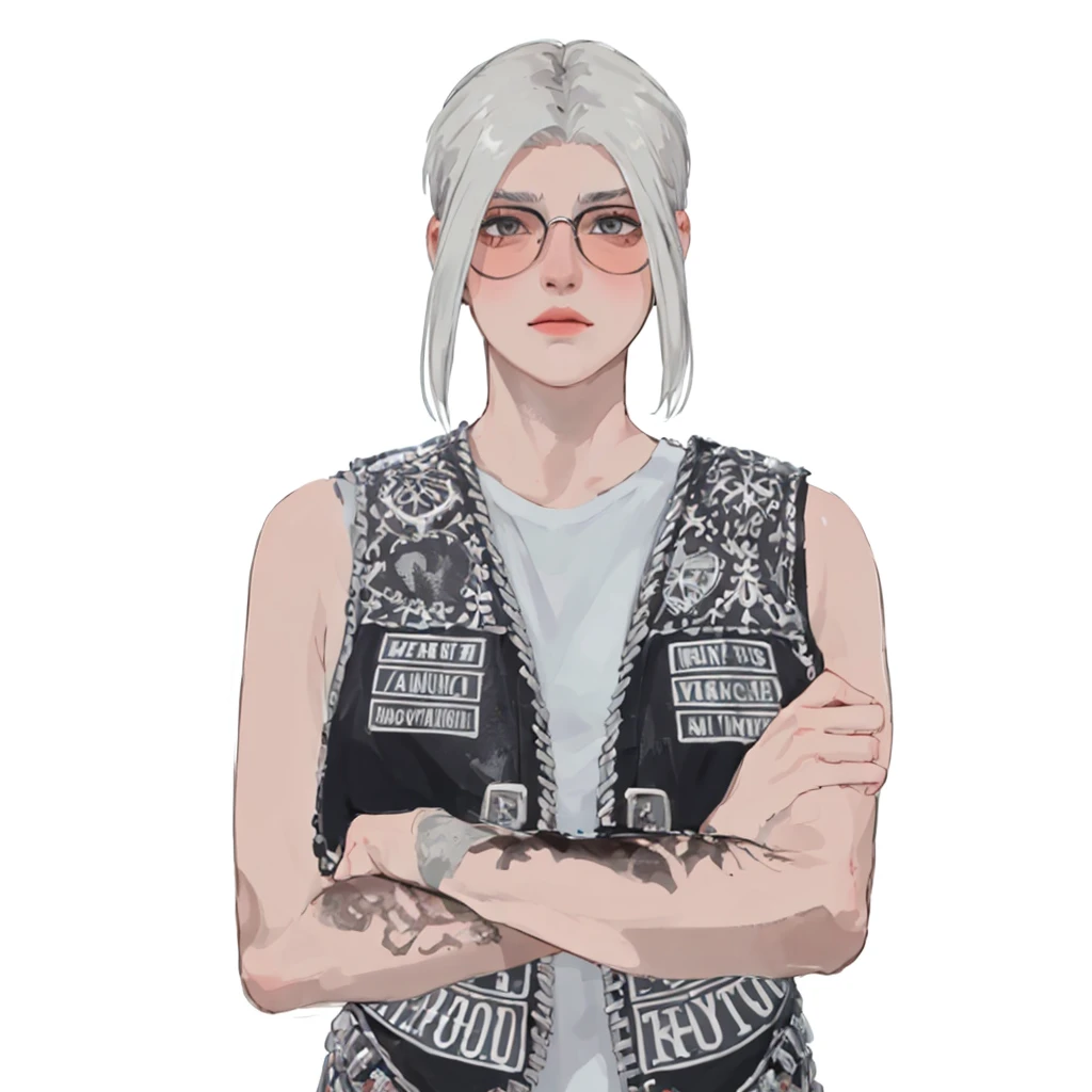 (masterpiece:1.2, best quality), (1girl, solo, upper body:1.2),flat face,Hair: buzz cut, Clothing: oversized, distressed denim jacket with patches and pins, paired with black skinny jeans and combat boots, Hanging out in an underground music venue or street art exhibit