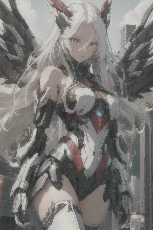 masterpiece, best quality, glowing eyeslong hair with long locks,white_hair,red_eyes,white_thighhighs,small_breasts,{{Mechanical wing}},{{Metal wings}},{{Mecha wing}},{mecha clothes},robot girl,beautiful detailed face,Mechanical-arm,((beauty detailed eye)),{mecha,huge_filesize},beautiful detailed face, ((beauty detailed eye)), dramatic angle{{beautiful face}},{best quality}, {{masterpiece}}, extremely detailed 8K wallpaper,cyberpunk city,masterpiece,highres,detailed manga illustration,(bare shoulders), (skinny),mecha musume,(Above the thigh:1.3), ((solo)), beautyful eyes, shiny eyes,