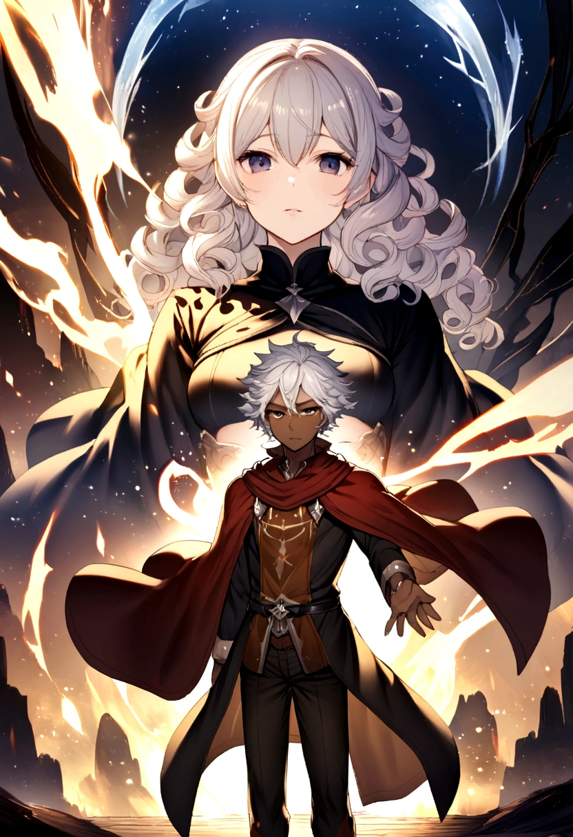 Fantasy light novel cover featuring a dark skinned male mage with black, curly hair and a white haired male demigod with dark eyes