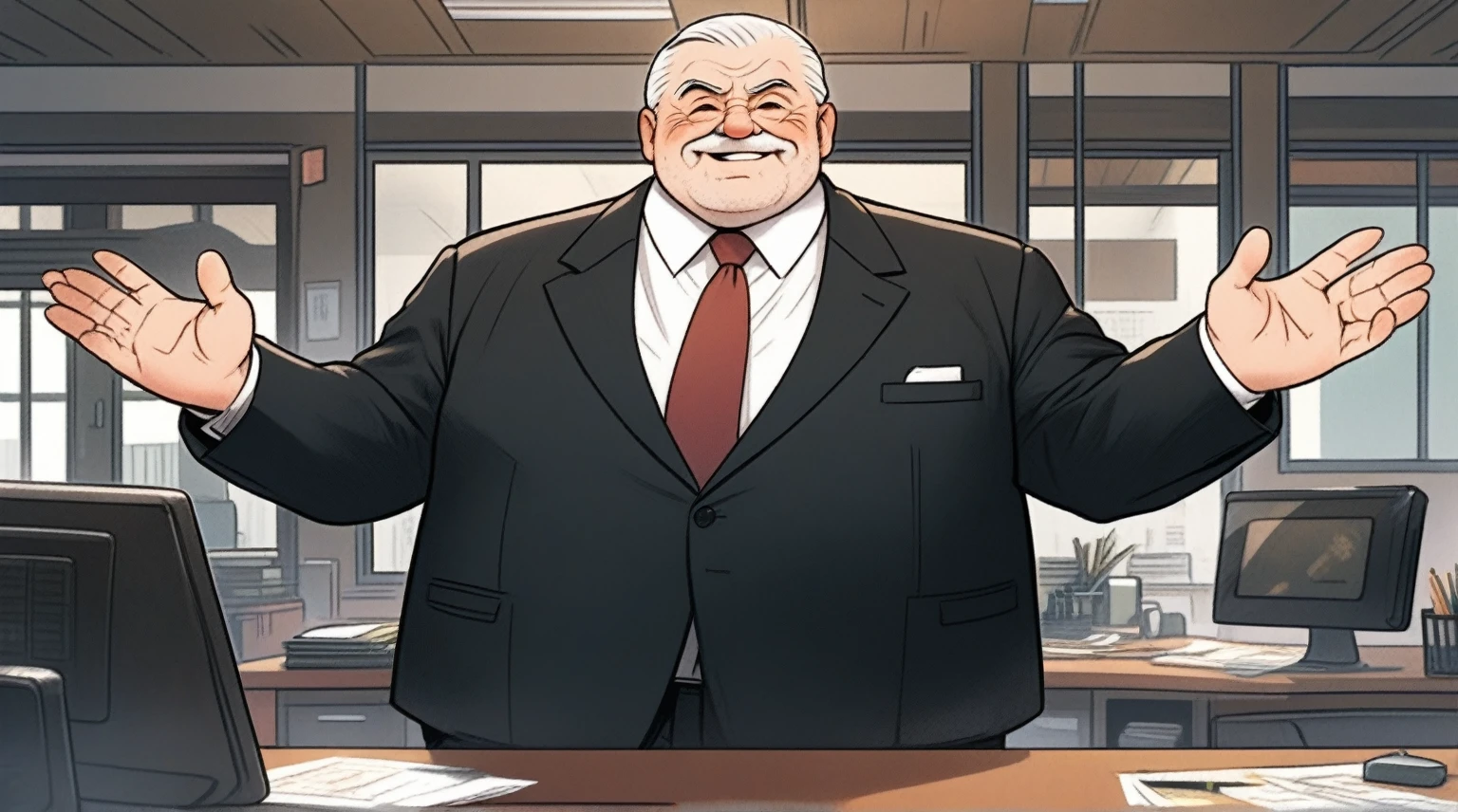 children's picture books,crayon paintings, blushes, 1 old man, fat, mafia boss, 45 years old, black expensive suite, white short hair, tattos, opening his hand wide welcoming, standing near his desk , happy in his office