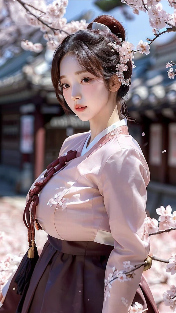 (best quality, 8K, masterpiece: 1.3), ((((((Incredibly huge breasts: 0.8))))), single ponytail, (beautiful face:1.3), Cherry blossoms are in full bloom, full of cherry blossoms, floating cherry blossom petals, very cool, Authentic Korean Hanbok