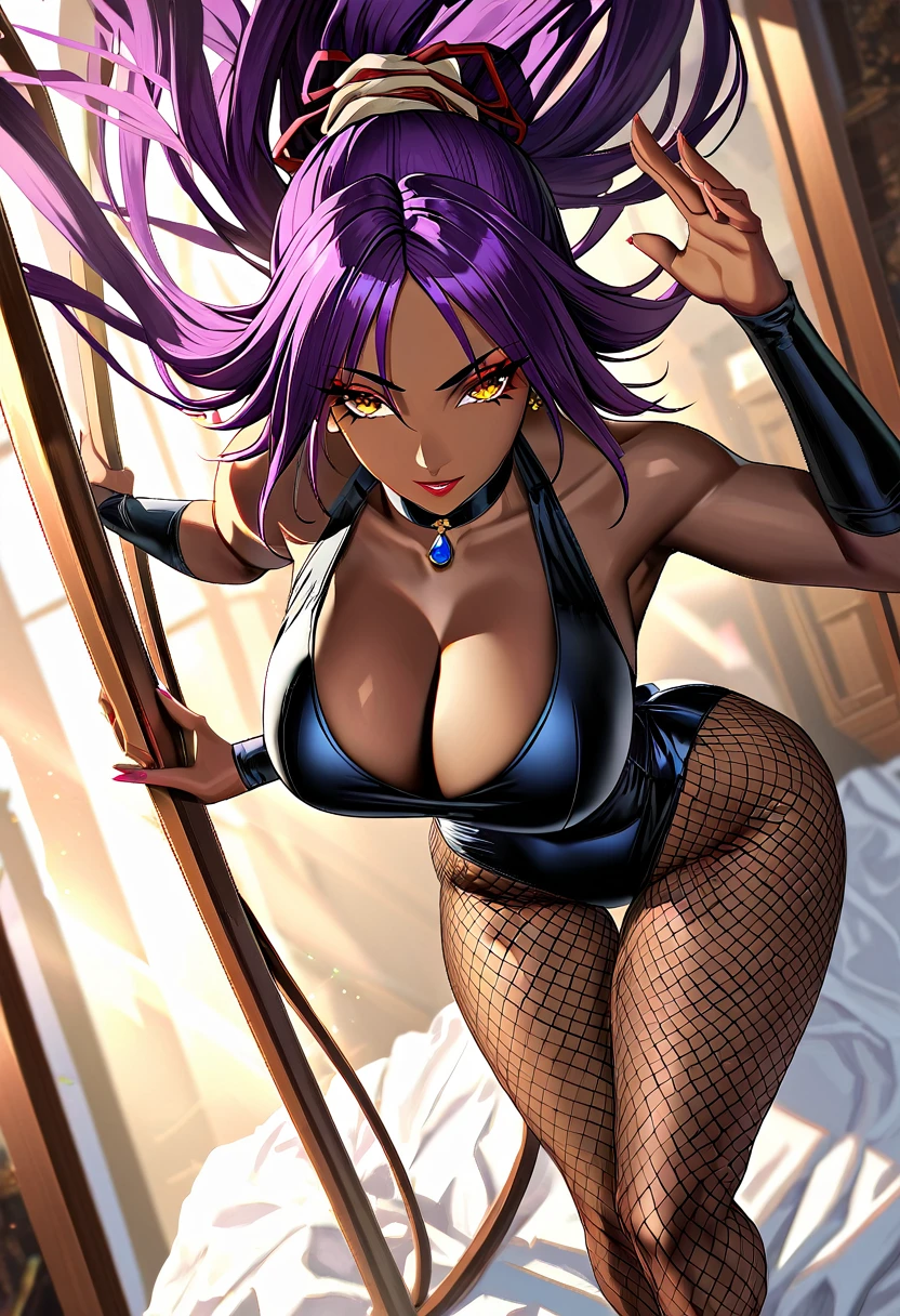 (Materpiece, best quality, absurdres:1.4) BREAK Yoruichi, darkskin, seductive smile, heavy eyeshadow, mascara, hourglass figure, cleavage, choker, yellow eyes, purple hair, dynamic pose, showcasing elegant curves, meticulously painted in vibrant glow colors, ray tracing, intricate details, detailed fingers, beautiful face, fishnets,