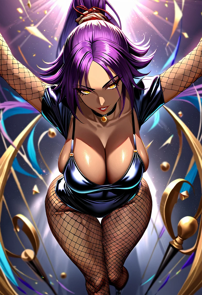 (Materpiece, best quality, absurdres:1.4) BREAK Yoruichi, darkskin, seductive smile, heavy eyeshadow, mascara, hourglass figure, cleavage, choker, yellow eyes, purple hair, dynamic pose, showcasing elegant curves, meticulously painted in vibrant glow colors, ray tracing, intricate details, detailed fingers, beautiful face, fishnets, 