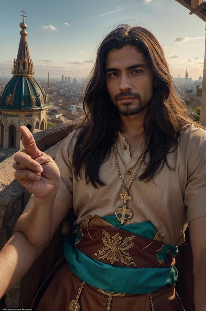 Illustrate an animated scene of the Second Temptation of Jesus, 'El Pináculo,' in a Disney-Pixar style. Jesus, with serene eyes and a calm presence, stands at the pinnacle of a majestic ancient temple, overlooking a vividly detailed and lively city. The devil, appearing as a suave and charismatic figure, stands beside him, pointing out the vast kingdom he promises. The city below is animated with characters in colorful attire, bustling streets, and lush greenery, creating a vibrant and immersive environment. The sky is painted in warm hues of orange and pink from the setting sun, adding a magical atmosphere to the scene. Emphasize the expressive features of both characters and the intricate details of their surroundings, capturing the biblical moment in a visually enchanting and dynamic way."