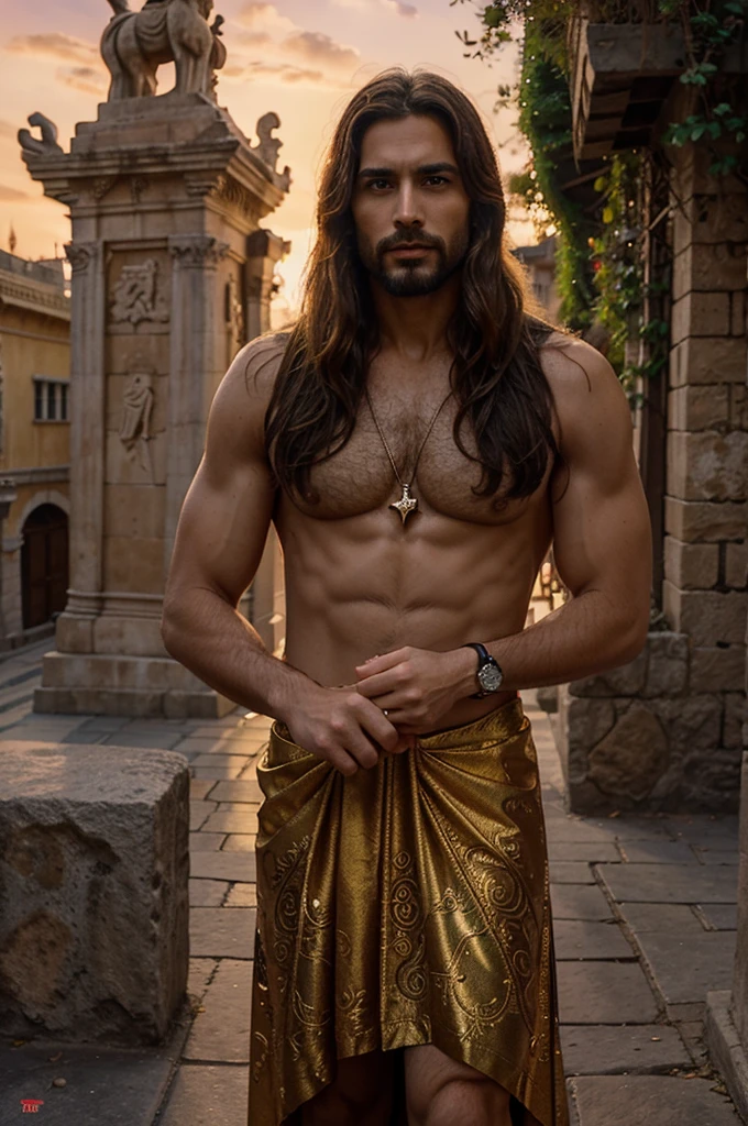 Illustrate an animated scene of the Second Temptation of Jesus, 'El Pináculo,' in a Disney-Pixar style. Jesus, with serene eyes and a calm presence, stands at the pinnacle of a majestic ancient temple, overlooking a vividly detailed and lively city. The devil, appearing as a suave and charismatic figure, stands beside him, pointing out the vast kingdom he promises. The city below is animated with characters in colorful attire, bustling streets, and lush greenery, creating a vibrant and immersive environment. The sky is painted in warm hues of orange and pink from the setting sun, adding a magical atmosphere to the scene. Emphasize the expressive features of both characters and the intricate details of their surroundings, capturing the biblical moment in a visually enchanting and dynamic way."