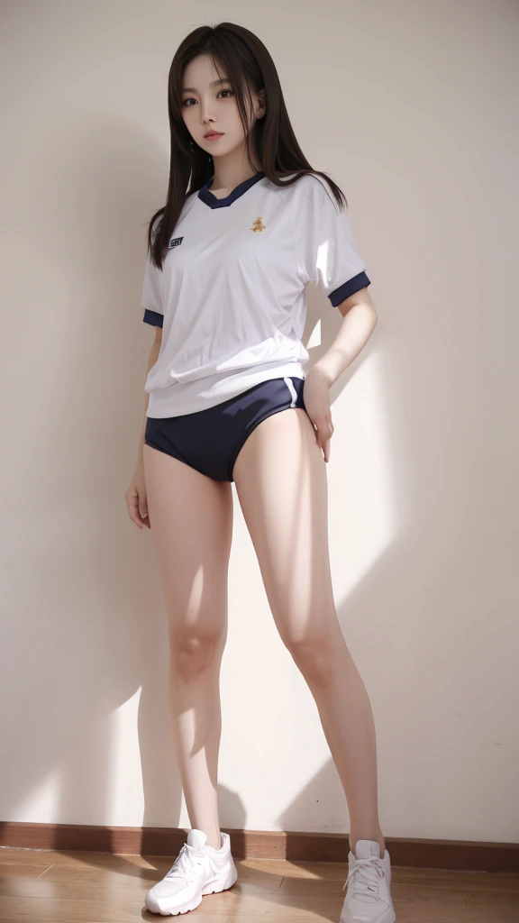  Japanese Girl, White tight shirt, タイトなBloomers, bloomers, pointy big breasts, very small nipples, Bloomers、Long legs,Long white socks ,Embarrassed face, Side stand pose,volleyball,open small, View from below、Back view、Full body view