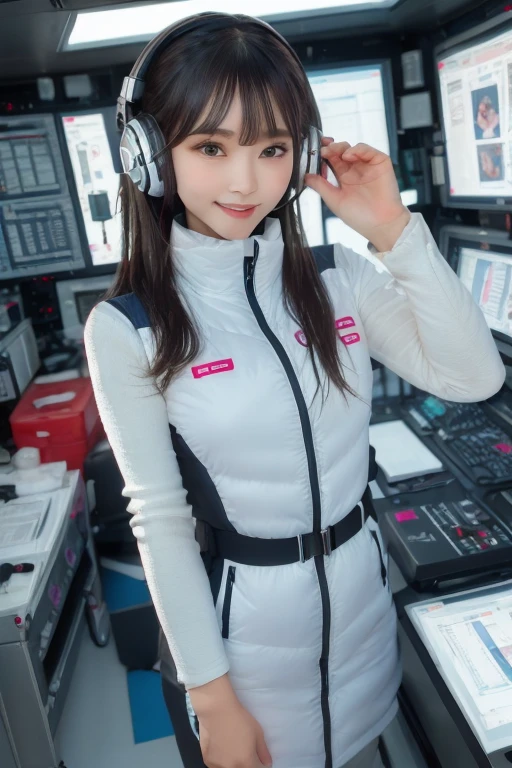 masterpiece, Highest quality, Very detailed, 8K Portrait,Japanese Android Girl,plump , Control panel,Robotic arms and legs, Blunt bangs,,break (Metallic Gray, Metallic luster, Mirror finish, Astro Best):5,headphone:5,break (Black sleeves):100,Smart Watches,Futuristic space station,Control Room,break headphone,blue eyes,(Black Hair):2,(Long Hair):1.3,Displaying the viewer,(respirator),break blush:3,Hidden Hand,smile