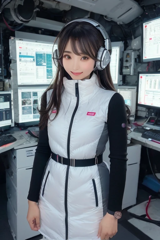 masterpiece, Highest quality, Very detailed, 8K Portrait,Japanese Android Girl,plump , Control panel,Robotic arms and legs, Blunt bangs,,break (Metallic Gray, Metallic luster, Mirror finish, Astro Best):5,headphone:5,break (Black sleeves):100,Smart Watches,Futuristic space station,Control Room,break headphone,blue eyes,(Black Hair):2,(Long Hair):1.3,Displaying the viewer,(respirator),break blush:3,Hidden Hand,smile