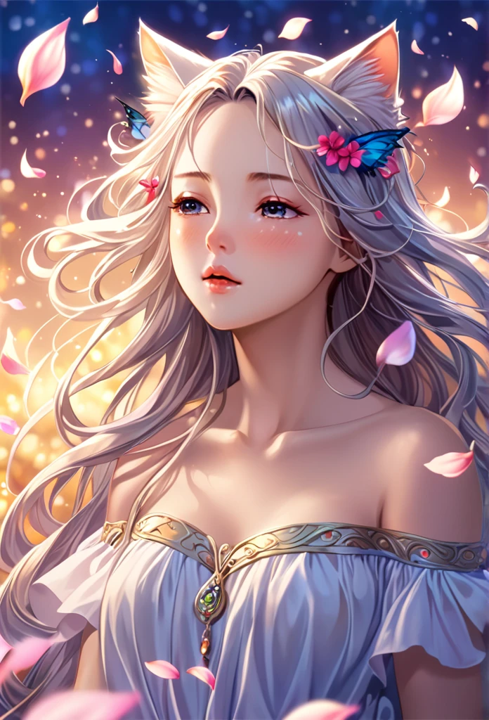 (Ah! My Goddess style:1.2) , Hallucination, daydream , nightmare , Insane Dream , bokeh , erotica , romance , cat nymph and realistic cat , Petals fluttering down , (Single eyelids, round nose, swollen cheeks) , glossy lips , Collarbone , Hair blowing in the wind