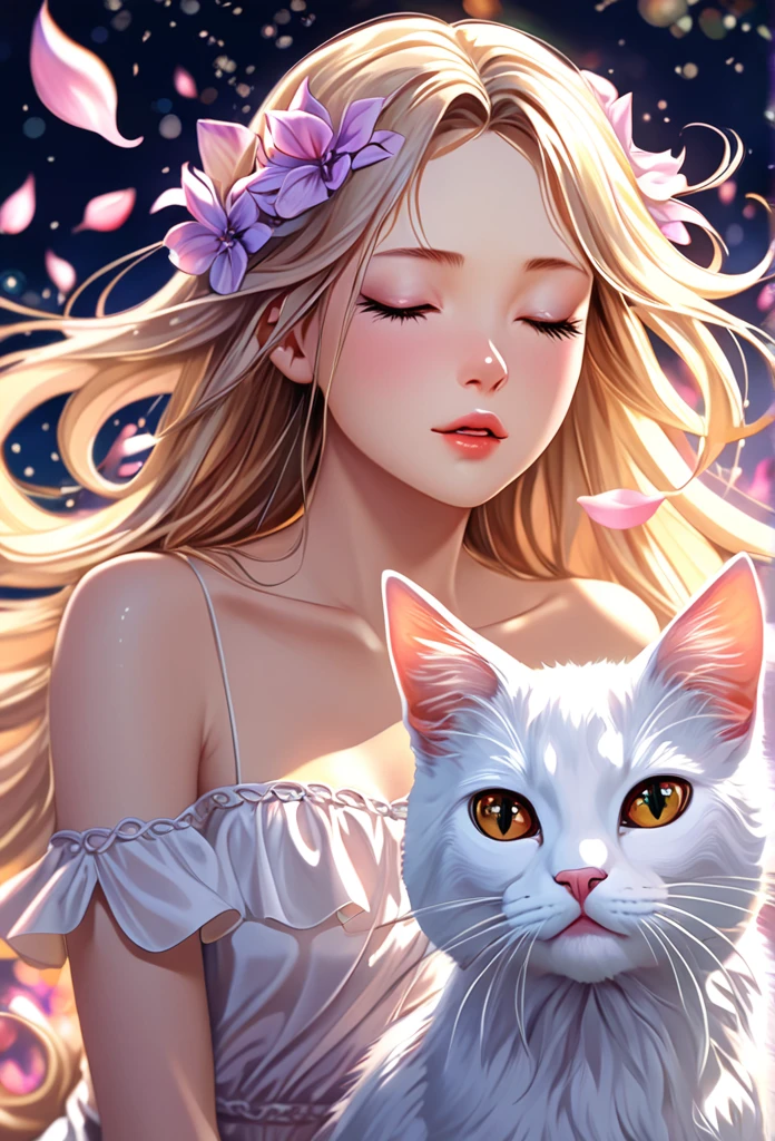 (Ah! My Goddess style:1.2) , Hallucination, daydream , nightmare , Insane Dream , bokeh , erotica , romance , cat nymph and realistic cat , Petals fluttering down , (Single eyelids, round nose, swollen cheeks) , glossy lips , Collarbone , Hair blowing in the wind