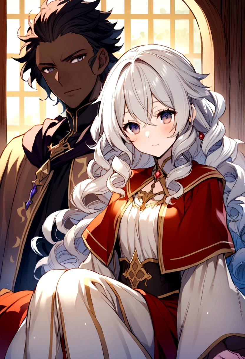 Fantasy light novel cover featuring a dark skinned male mage with black, curly hair and a white haired male demigod with dark eyes