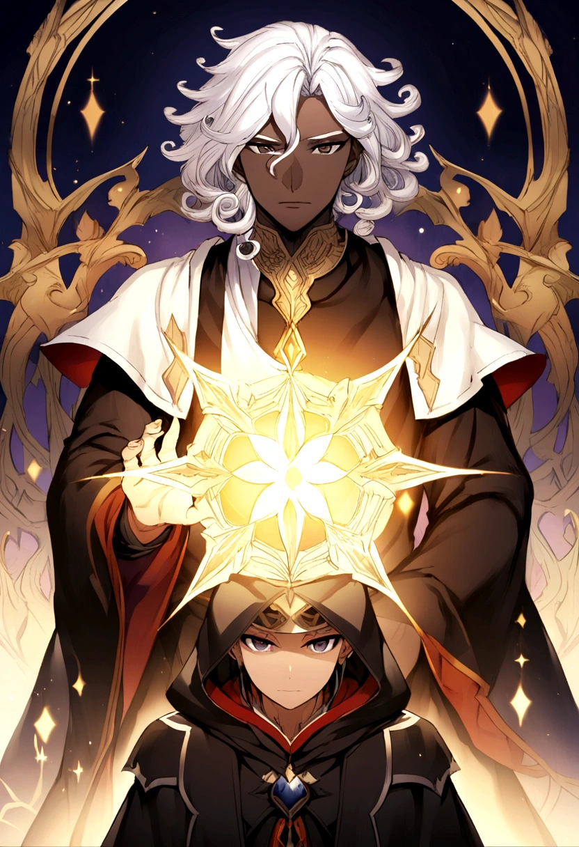 Fantasy light novel cover featuring a dark skinned male mage with black, curly hair and a white haired male demigod with dark eyes