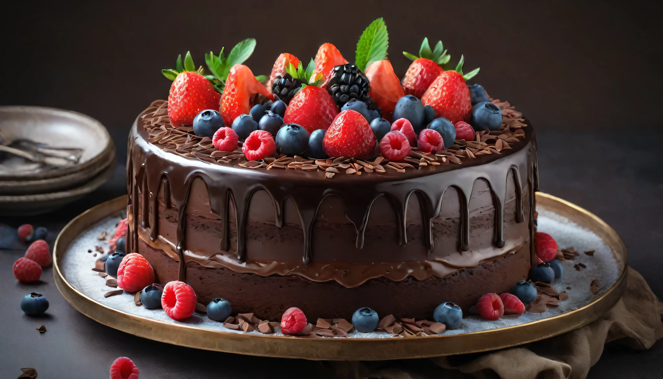 food photography style a chocolate cake with layers of rich chocolate ganache and fresh berries aiga, appetizing, professional, culinary, high-resolution, commercial, highly detailed. 