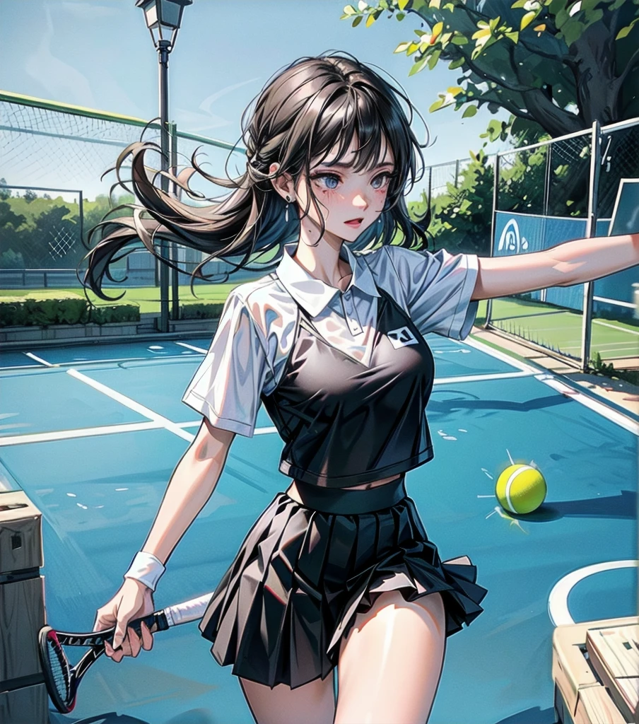 whole body, delicate facial features, medium tits, medium hair, black hair, tearful mole, earring, tennis uniform, midriff,