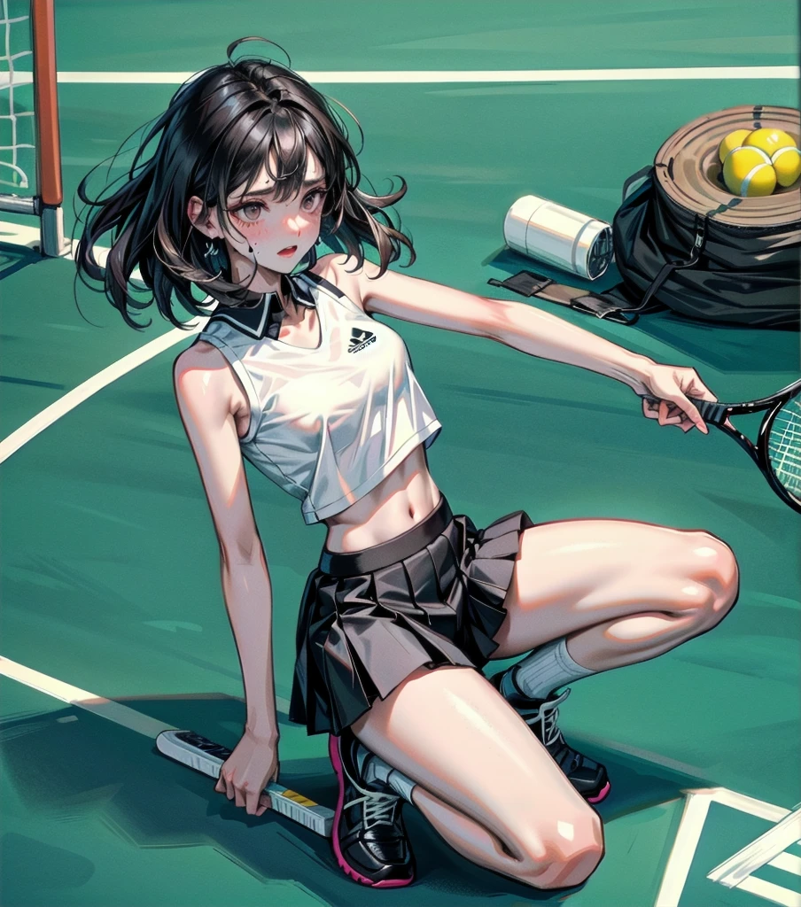 full body, delicate facial features, medium tits, medium hair, black hair, tearful mole, earring, tennis uniform, midriff, Tennis court,