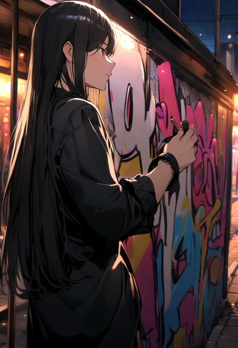 guy with long hair with a black outfit doing a graffiti in the street at night