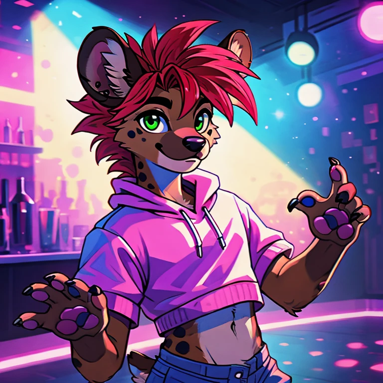 highres, High-quality illustrations, unparalleled masterpiece(movie of life)(furry anthro:1.7)absurd resolution (highly detailed beautiful face and eyes)perfect anatomy, expression, caustics, dynamic angle, top quality, soft color, Vintage images, highres, High-quality illustrations, unparalleled masterpiece, (furry anthro:1.7)absurdres(highly detailed beautiful face and eyes)perfect anatomy, expression, caustics, no lighting deep shadow, masterpiece, high quality, hi res, solo, male, teen Furry, furry, teenager, spotted hyena and deer mix, deer antlers, white fawn spots, dark hyena spots, full hyena face, light brown fur, bright red mullet hairstyle, one red eye and one green eye, masterpiece, No muscles, Detailed hands, detailed face, detailed eyes, detailed body, Flat body, Skinny, androgynous, femboy, femboy jock, claws, high resolution, blue white and pink outfit, short shorts, cropped sweatshirt, nightclub background, blue pink and purple lighting, standing, dancing, smug, bedroom eyes, back view, big ass, over the shoulder look, full body expertly drawn hands, paws,