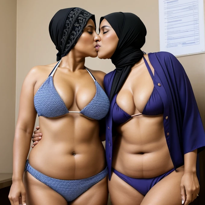 2woman bikini,lesbian love Old, Hijab Indonesian mature woman, huge sexy,curvy body, full body, sharing lustful kiss, and groping bteas, professional shot, at doctor office.