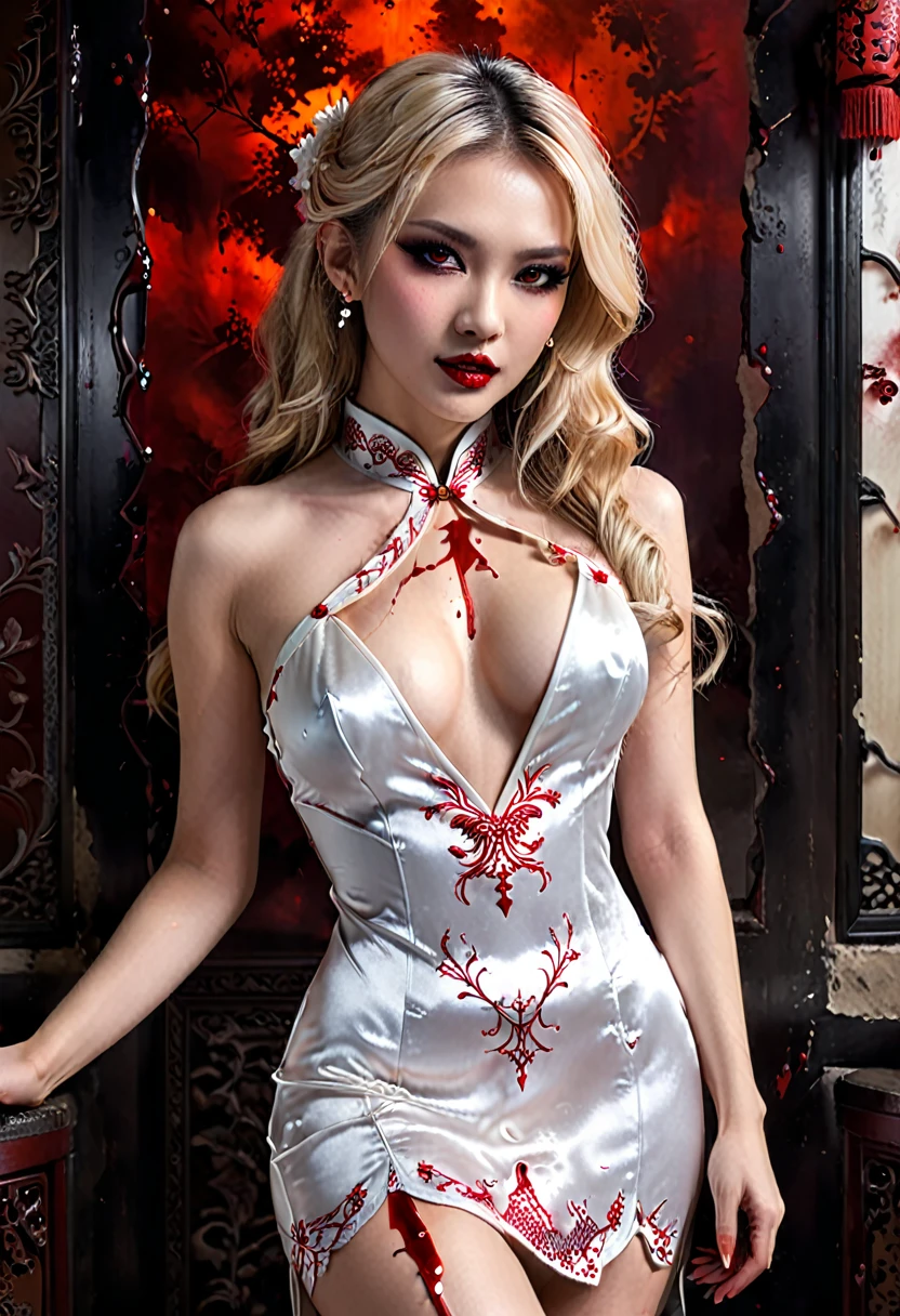 a beautiful female vampire wearing a ((blood stained: 1.5) white Cheongsam: 1.5), an extremely beautiful female vampire, ultra detailed face, blond hair, long hair, wavy hair, dark glamour make up, pale skin, red lips, (glowing red eyes: 1.2), visible (vampiric fangs: 1.2), she wears a ((blood stained white Cheongsam: 1.5)), elegant, intricate detailed Cheongsam, silk Cheongsam, small cleavage, ((Cheongsam is decorated with gems: 1.3)), she wears elegant knee high heeled boots, exquisite knee high heeled boots, there are stains of blood on the upper part of the dress, dynamic background, best details, best quality, highres, ultra wide angle, 16k, [ultra detailed], masterpiece, best quality, (extremely detailed), full body, ultra wide shot, photorealistic, fantasy art, dnd art, rpg art, realistic art, dark novel, Dark Art Painting Style