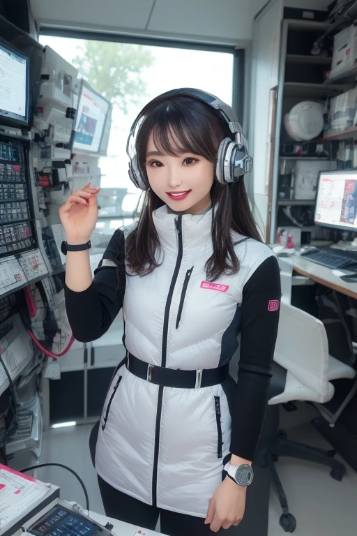 masterpiece, Highest quality, Very detailed, 8K Portrait,Japanese Android Girl,plump , Control panel,Robotic arms and legs, Blunt bangs,,break (Metallic Gray, Metallic luster, Mirror finish, Astro Best):5,headphone:5,break (Black sleeves):100,Smart Watches,Futuristic space station,Control Room,break headphone,blue eyes,(Black Hair):2,(Long Hair):1.3,Displaying the viewer,(respirator),break blush:3,Hidden Hand,smile