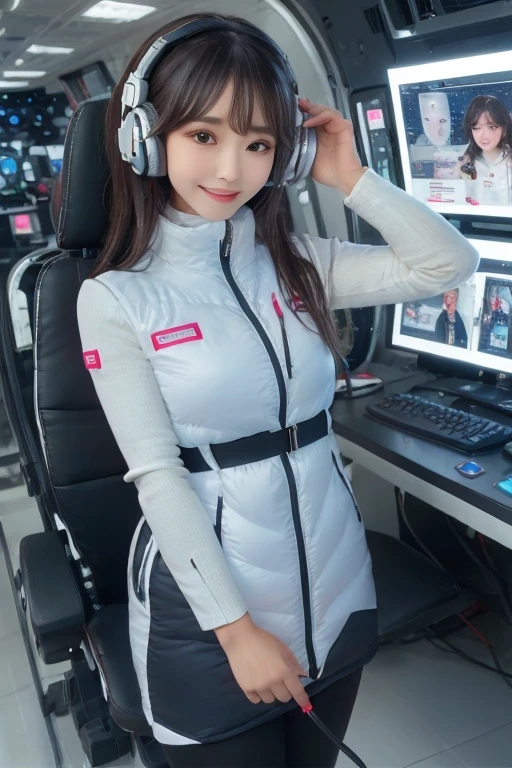 masterpiece, Highest quality, Very detailed, 8K Portrait,Japanese Android Girl,plump , Control panel,Robotic arms and legs, Blunt bangs,,break (Metallic Gray, Metallic luster, Mirror finish, Astro Best):5,headphone:5,break (Black sleeves):100,Smart Watches,Futuristic space station,Control Room,break headphone,blue eyes,(Black Hair):2,(Long Hair):1.3,Displaying the viewer,(respirator),break blush:3,Hidden Hand,smile