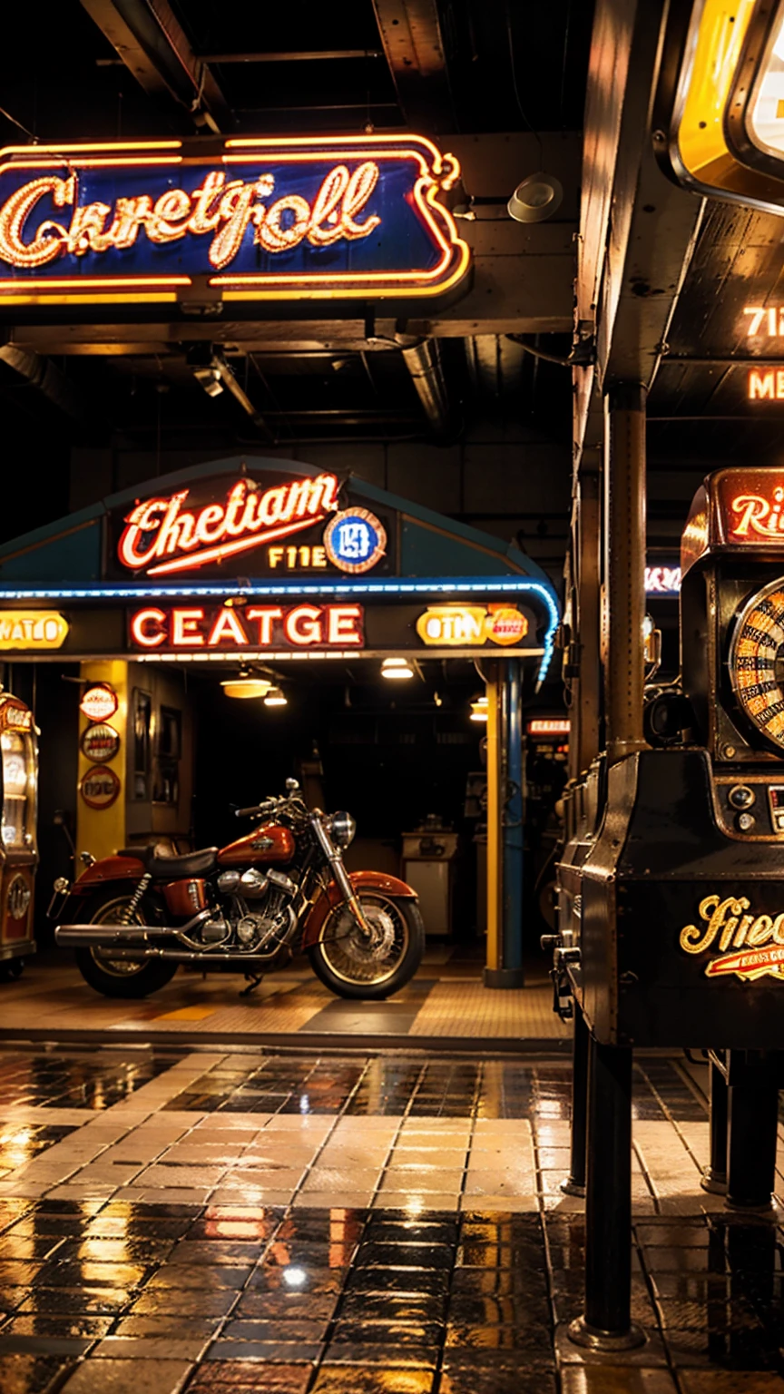 create an ultra-high definition, hyper-realistic, highly detailed, high-quality image, sharp focus, professional lighting, vivid colors and intricate details, representing in detail an American garage in vintage 60s style, capturing the atmosphere of the time with checkered floor, pool table, arcade machines, vintage food machines, old advertising signs, neon signs, oil cans, rusty tool cabinet, motorcycles classics, retro lighting with reflected smoke that is in the air, slot machines from old casinos, meticulously capturing every intricate detail.

