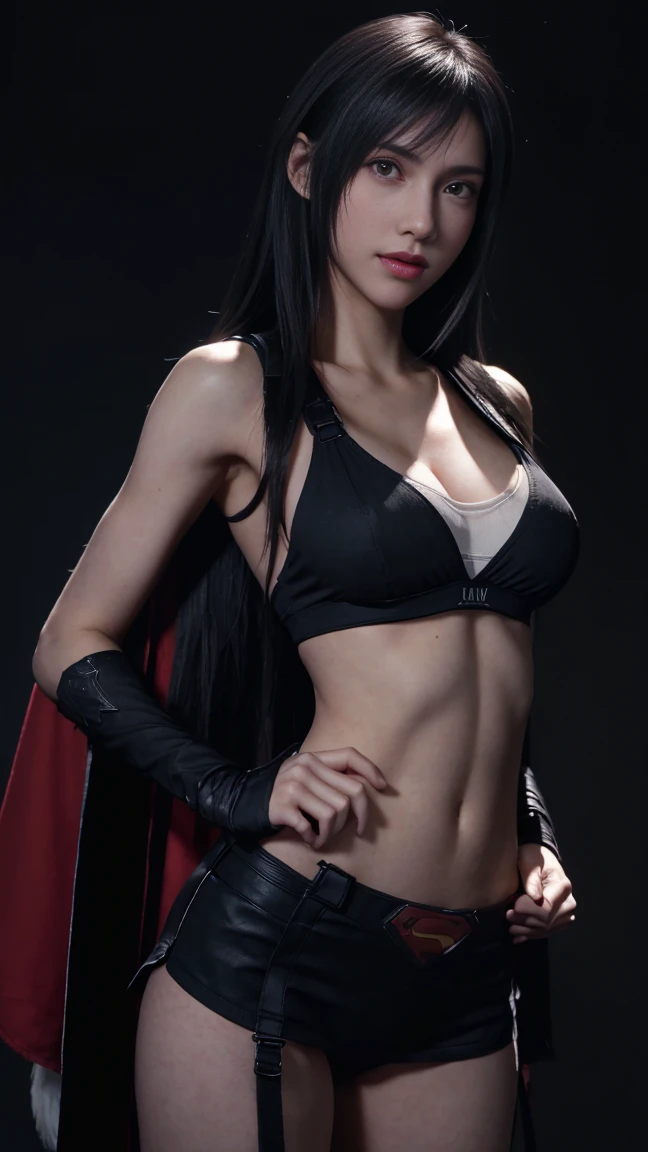 8K, Top Quality, Intricate Details, Ultra Detail, Ultra High Resolution, Masterpiece, close up shot, (full body: 1.1), Slender, Smile, (Makeup: 0.4), (), (Fluffy Eyes: 1.21), ((bangs)), 1girl, solo, 1 girl, (((red eyes, black hair, bangs, long hair)), ((Tifa,Tifa・lockhart,Final Fantasy 7,FF7,l)), close up shot, , ((tall)), (((fit body))), (((slim face))), sharp face, ((superman suit)) , (detailed face), sharp face, small lips, ( bartender ),
((, )), , ((,)), detailed face, detailed breast, large breast, huge breast, (( )), detail ass, Narrow Waist, Skinny, tall , 175 cm tall, Muscular, Navel, Exposed Abdomen, Pointed Chest,, Beautiful girl with accentuated slender abs: 1.4, Six Pack Abs: 1.4,, Perfect Body, detail leg, (( dark background)), black background,