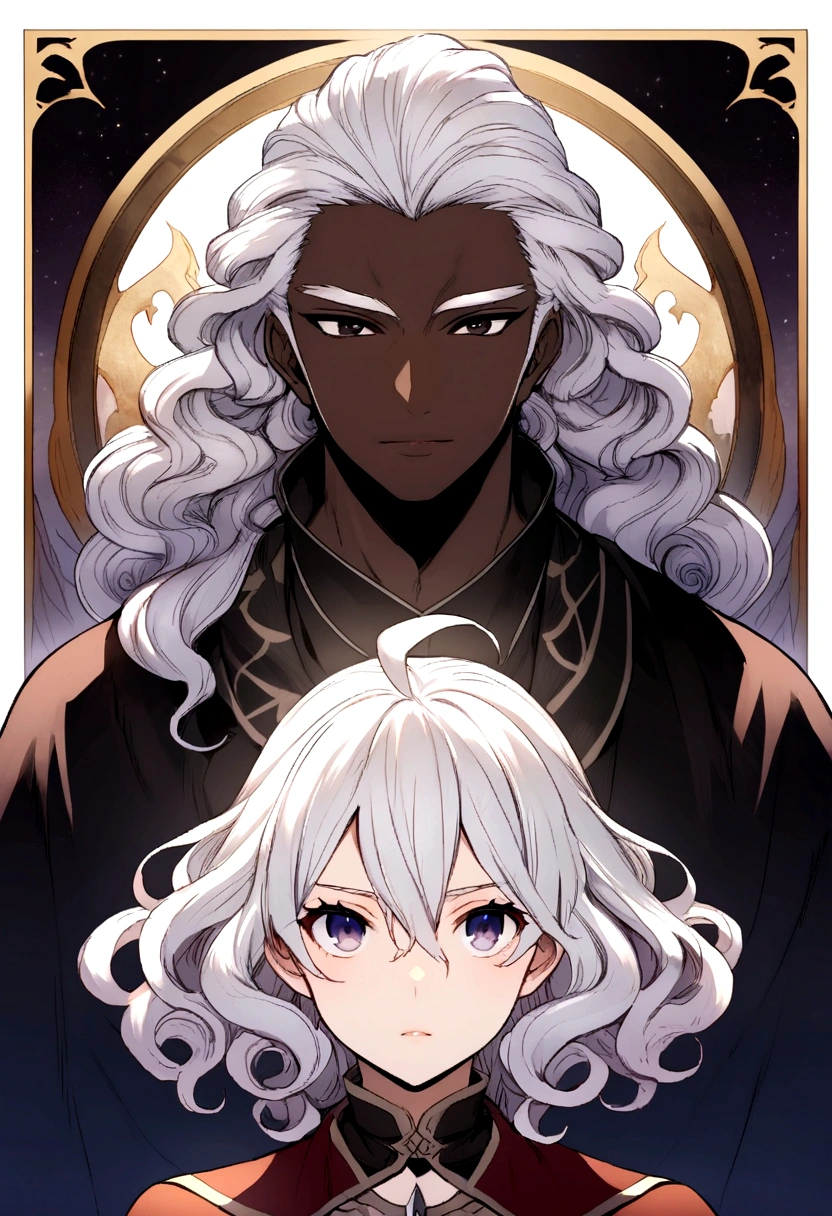 A black male anime character with white hair and golden pupils, wearing white clothes with black details, and behind him is a white woman with white hair, a red tiara, red pupils, and white clothes with red details.