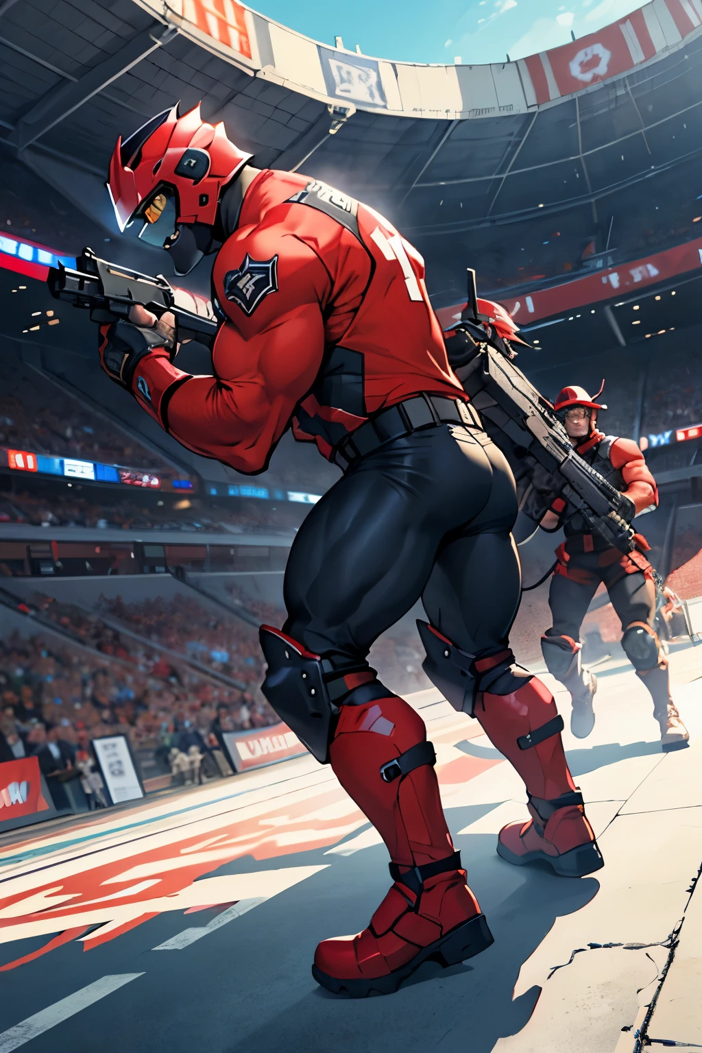 a muscular man, with a black suit, with two guns on his back,
with red boots and knee pads, and a red helmet shaped like a gorilla,
do it in the middle of a fighting coliseum