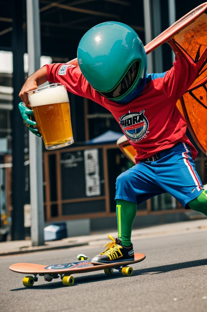 An alien skateboarding having a beer, eating wings 