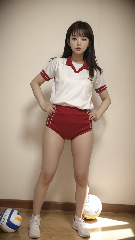 Korean lady in volleyball uniform full body standing 80s style