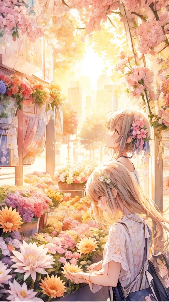 Anime smiling girl looking at the sun in the city with flowers, official artwork, beautiful anime artwork, beautiful anime, Beautiful peace scene in anime, beautiful anime scene, anime background art, on a sunny day, Beautiful artwork illustration, beautiful anime art, official anime artwork, official art, beautiful anime scenery, summer morning light, Google on pixiv artstation